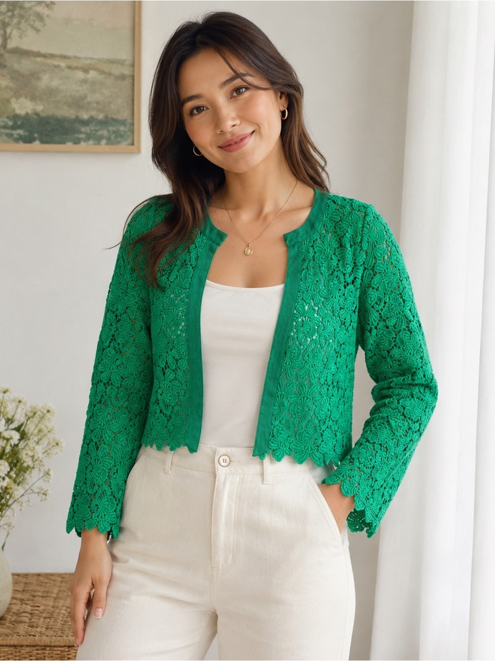 Anthropologie Elevenses Green Lace Crochet Open Front Jacket Size S